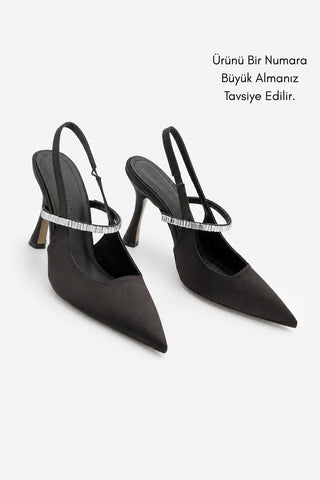Kadın Stiletto Taşlı Topuklu Ayakkabı Lovan - Siyah Saten