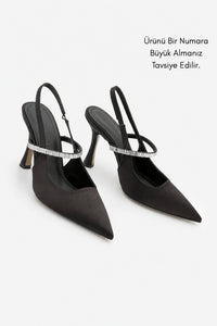 Kadın Stiletto Taşlı Topuklu Ayakkabı Lovan - Siyah Saten