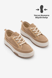 Kadın Sneaker Kalın Taban Spor Ayakkabı Hesna - Camel Keten