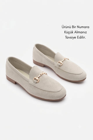 Kadın Hakiki Deri Zincirli Loafer Ayakkabı Tanle - Bej Süet