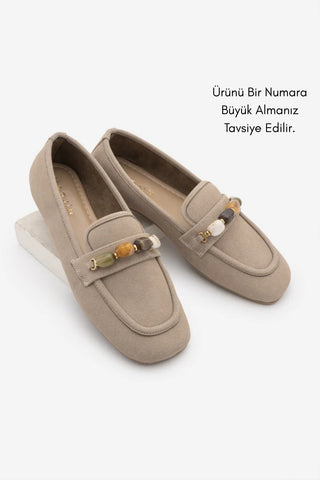 Kadın Taşlı Loafer Günlük Ayakkabı Arite - Bej Süet