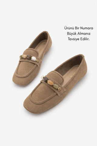 Kadın Taşlı Loafer Günlük Ayakkabı Arite - Camel Süet