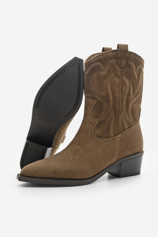 Kadın Sivri Burun Nakışlı Western Bot Tayko - Taba Süet