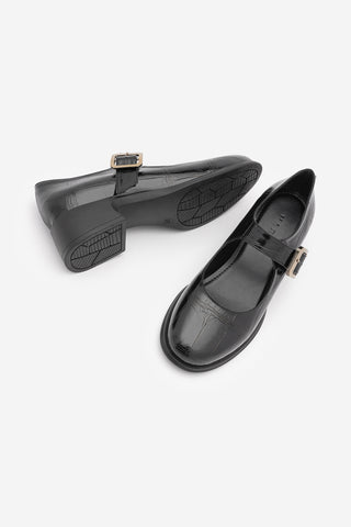 Kadın Tokalı Kalın Topuk Günlük Ayakkabı Loafer Meniz - Siyah Croco
