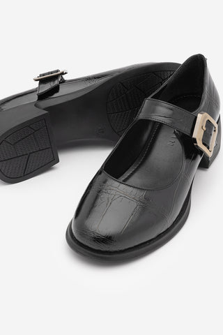 Kadın Tokalı Kalın Topuk Günlük Ayakkabı Loafer Meniz - Siyah Croco