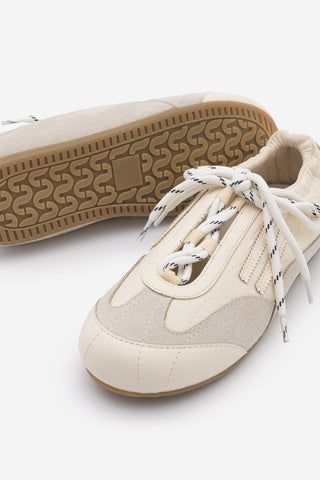 Kadın Sneaker Bağcıklı Büzgü Detaylı Spor Ayakkabı Varemi - Bej Süet