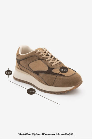 Kadın Sneaker Süet Detaylı Bağcıklı Kalın Taban Günlük Spor Ayakkabı Arvon - Taba Süet