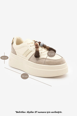 Kadın Sneaker Çıkarılabilir Boncuklu Tokalı Süet Spor Ayakkabı Asnera - Bej