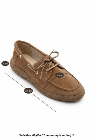 Kadın Hakiki Deri Bağlamalı Loafer Günlük Ayakkabı Enita - Camel Süet