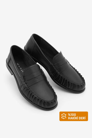 Kadın Hakiki Deri Büzgülü Makosen Loafer Günlük Ayakkabı Ervos - Siyah