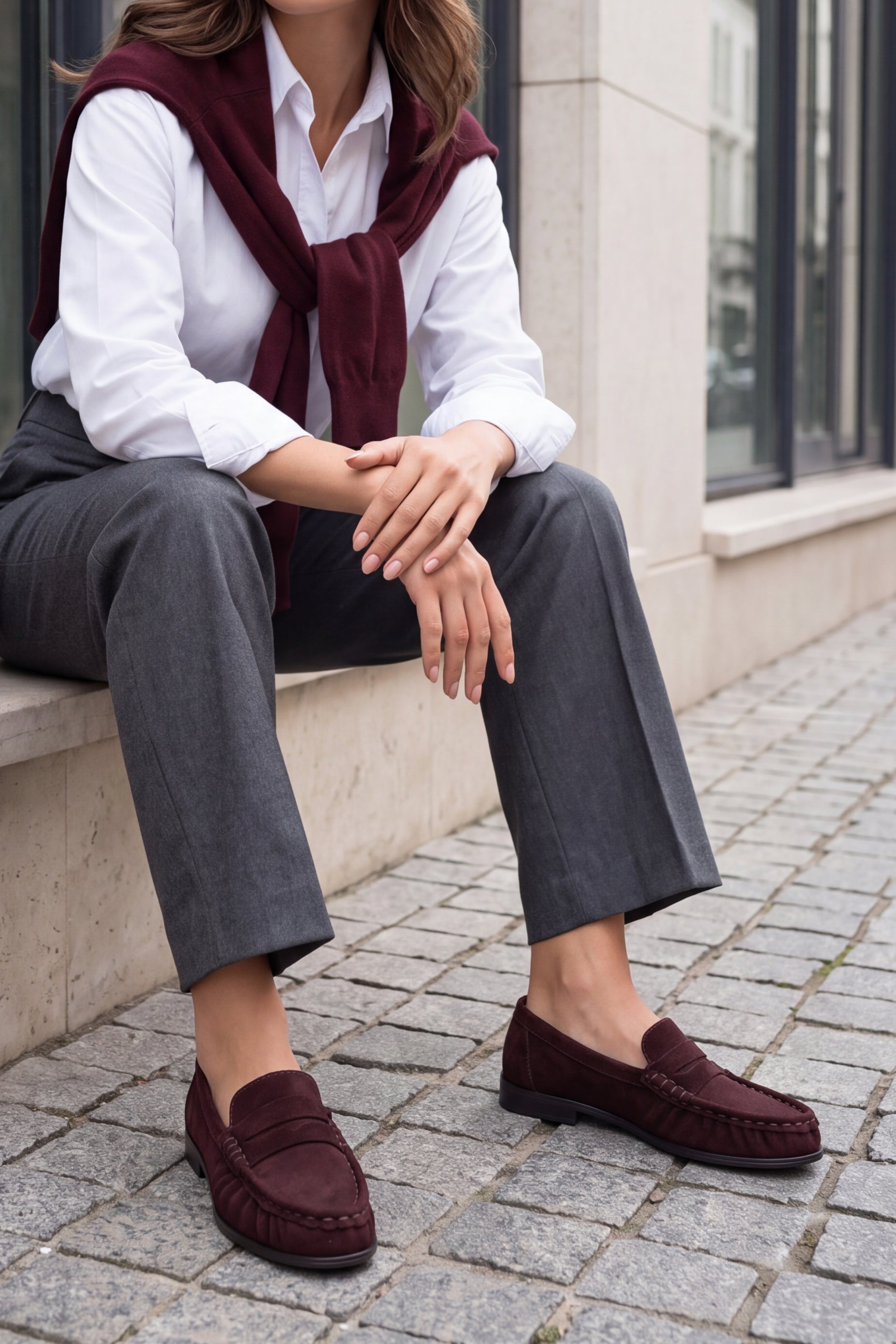 Marjin Lefora Bordo Süet loafer kadın model üzerinde