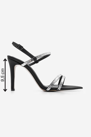 Kadın Sivri Burun Taşlı Topuklu Sandalet Fudora - Siyah Saten