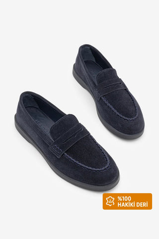 Kadın Hakiki Deri Loafer Günlük Ayakkabı Ginar - Lacivert Süet