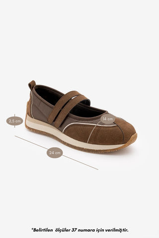 Kadın Süet Mary Jane Çift Bantlı Retro Spor Babet Sneaker Hopato - Açık Kahve Süet