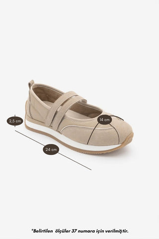 Kadın Çift Bantlı Mary Jane Günlük Spor Babet Sneaker Hopato - Bej Süet