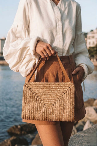 Kadın El Örgüsü Fermuarlı Clutch & Portföy El Çantası Yonti - Taba Hasır