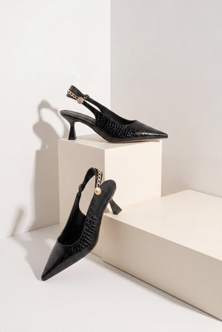 Kadın Stiletto Zincir Detay Topuklu Ayakkabı Nigos - Siyah Croco