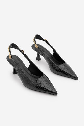 Kadın Stiletto Zincir Detay Topuklu Ayakkabı Nigos - Siyah Croco