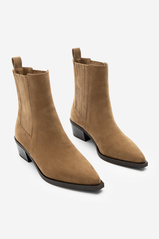 Kadın Sivri Burun Günlük Topuklu Bot Losya - Taba Süet