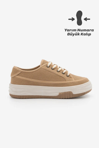 Kadın Sneaker Kalın Taban Spor Ayakkabı Kotnel - Camel Keten