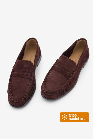 Kadın Hakiki Deri Büzgülü Makosen Loafer Günlük Ayakkabı Lefora - Bordo Süet