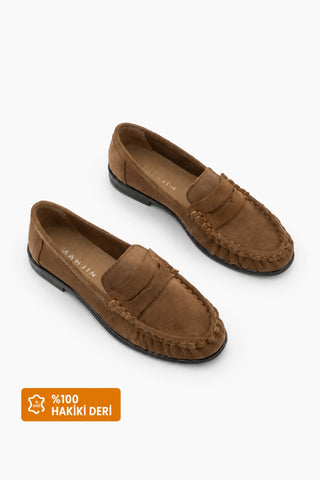 Kadın Hakiki Deri Büzgülü Makosen Loafer Günlük Ayakkabı Lefora - Camel Süet