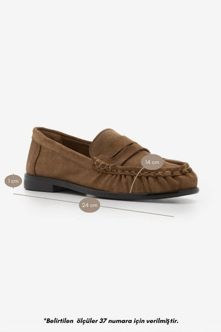 Kadın Hakiki Deri Büzgülü Makosen Loafer Günlük Ayakkabı Lefora - Camel Süet