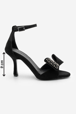 Kadın Fiyonklu Topuklu Sandalet Tevole - Siyah Süet