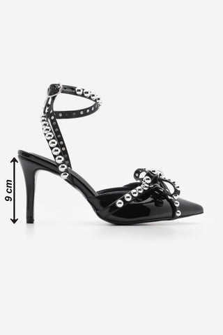 Kadın Stiletto Fiyonklu Troklu Topuklu Ayakkabı Lerno - Siyah Rugan