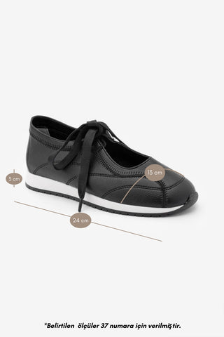 Kadın Bağcıklı Mary Jane Spor Babet Sneaker Leyro - Siyah