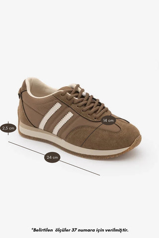Kadın Süet Görünümlü Şerit Detaylı Çok Parçalı Bağcıklı Retro Günlük Sneaker Spor Ayakkabı Liyante - Tütün Kahve Süet