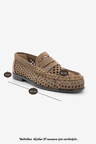 Kadın Loafer Hakiki Deri Delikli Büzgülü Günlük Ayakkabı Lorpe - Camel Süet