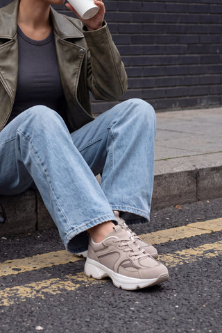Kadın Süet Dokulu Bağcıklı Günlük Sneaker Terita - Bej Süet