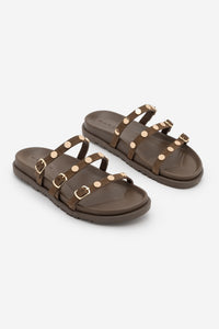 Kadın Hakiki Deri Bantlı Zımbalı Günlük Terlik Zoven - Kahve Süet