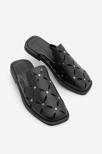 Kadın Hakiki Deri Zımbalı Önü Kapalı Sabo Günlük Terlik Tavire - Siyah