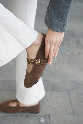 Kadın Çift Bantlı Babet Bekosa - Kahve Süet