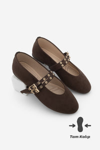 Kadın Çift Bantlı Babet Bekosa - Kahve Süet