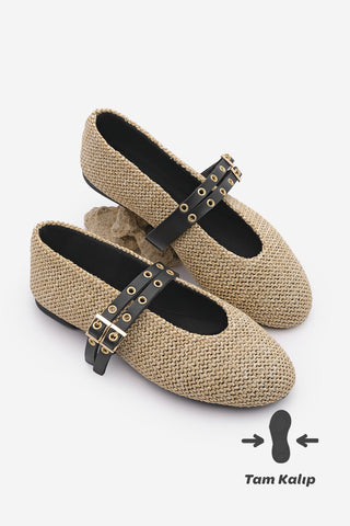 Kadın Çift Bantlı Babet Bekosa - Bej Hasır