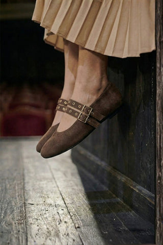 Kadın Çift Bantlı Babet Bekosa - Kahve Süet