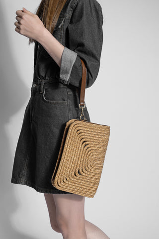 Kadın El Örgüsü Clutch El Çantası Ezino - Taba Hasır