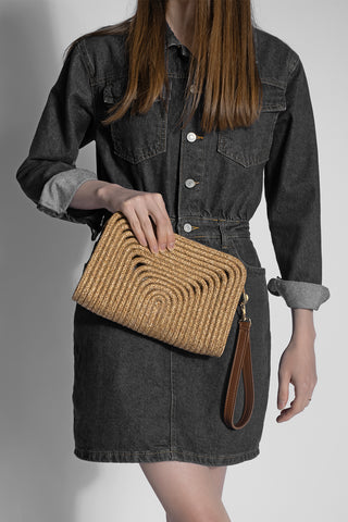 Kadın El Örgüsü Clutch El Çantası Ezino - Taba Hasır