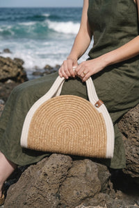 Kadın El Örgüsü Fermuarsız Clutch & Portföy El Çantası Poger- Ekru Hasır