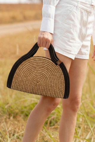 Kadın El Örgüsü Fermuarsız Clutch & Portföy El Çantası Poger - Kahve Hasır