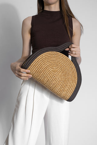 Kadın El Örgüsü Fermuarsız Clutch & Portföy El Çantası Poger - Kahve Hasır