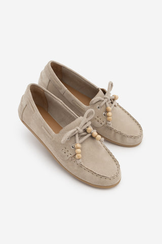 Kadın Hakiki Deri Boncuklu Loafer Günlük Ayakkabı Milton - Bej Süet