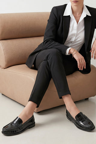 Kadın Hakiki Deri Büzgülü Makosen Loafer Günlük Ayakkabı Ozena - Siyah Rugan