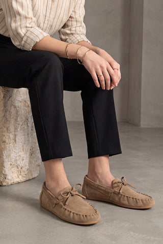 Kadın Hakiki Deri Büzgülü Loafer Günlük Ayakkabı Tavon - Camel Süet