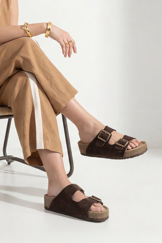 Kadın Hakiki Deri Çift Bantlı Günlük Terlik Digoza - Kahve Süet