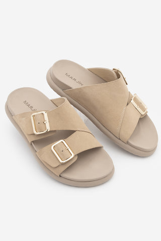 Kadın Hakiki Deri Çift Bantlı Günlük Terlik Dorsin - Bej Süet