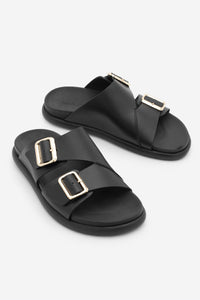 Kadın Hakiki Deri Çift Bantlı Günlük Terlik Dorsin - Siyah